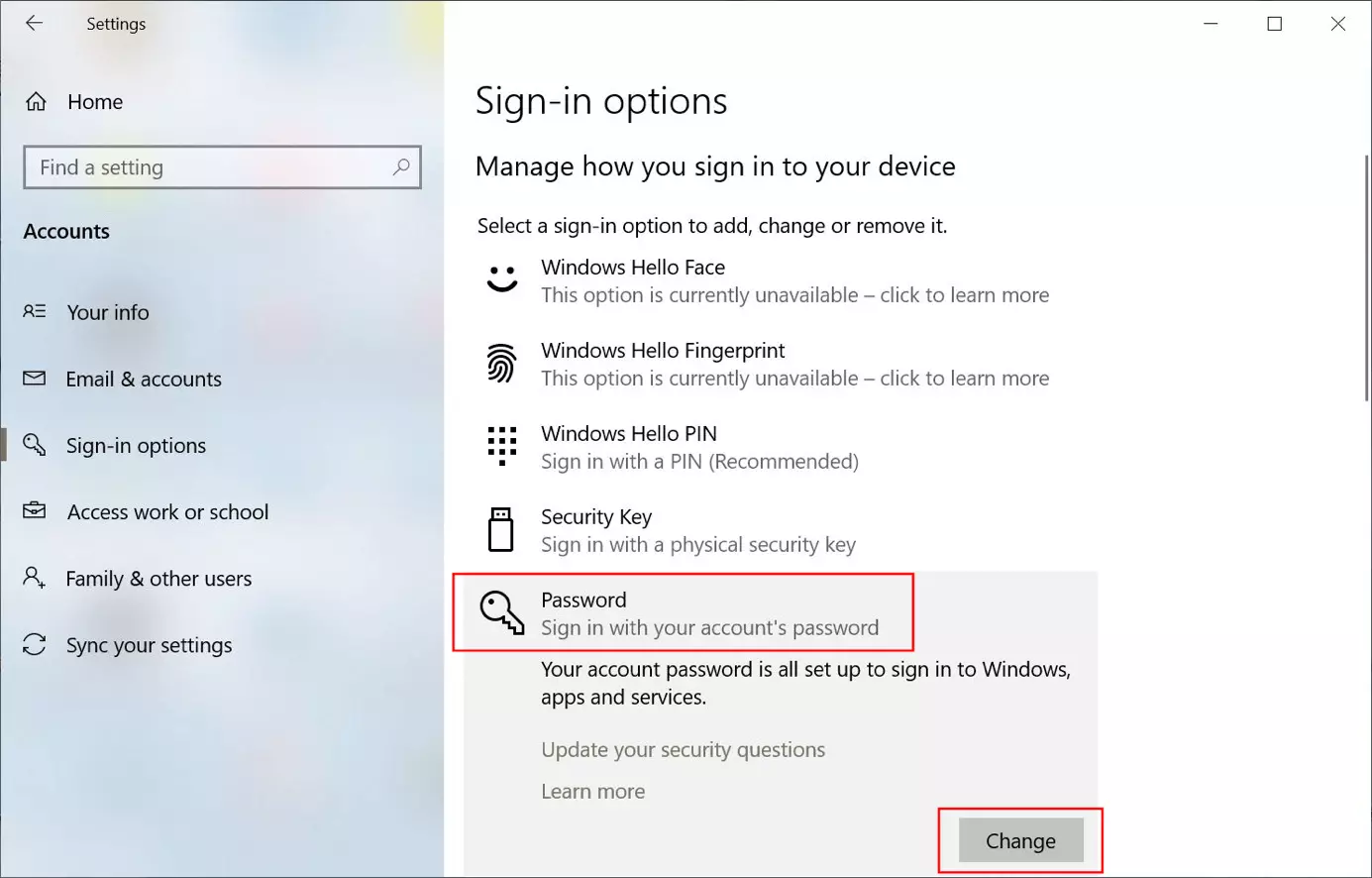 Windows 10: options de connexion avec fenêtre de mot de passe