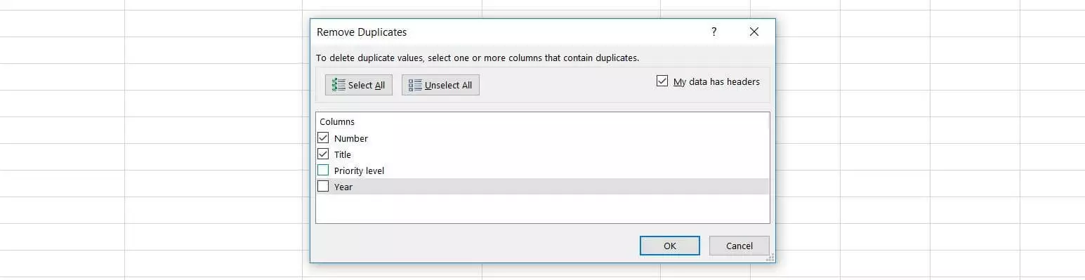 Fenêtre de dialogue « Supprimer les doublons » dans Excel 2016