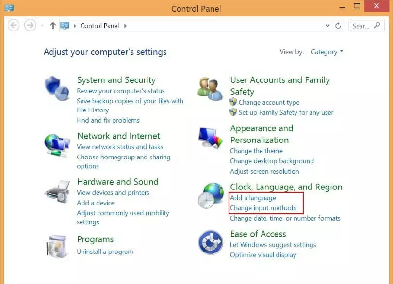 Menu « Horloge, Langue et Région », (Clock, Language and Region) dans le Panneau de configuration de Windows 8