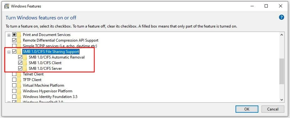 Activation du support de SMB sous Windows