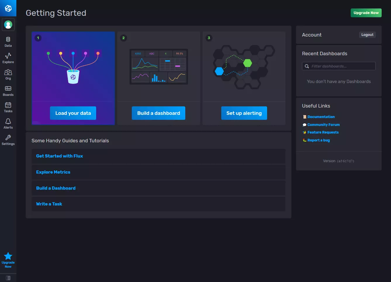 Écran de démarrage d’InfluxDB Cloud