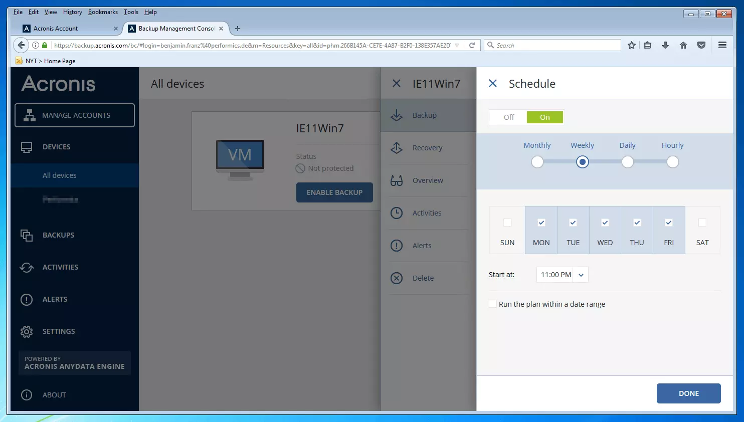 Acronis Backup 12.5 Console de gestion des sauvegardes : menu de création de programmes de sauvegarde