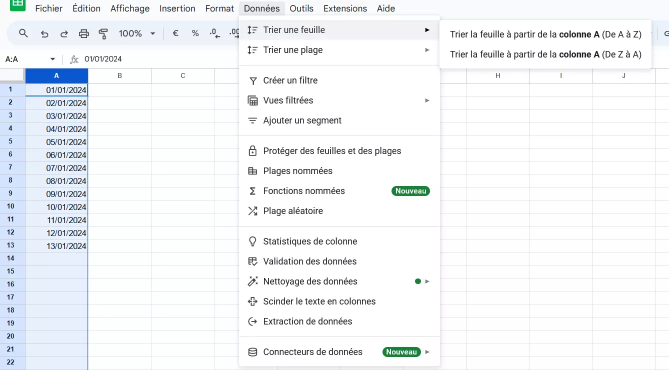 Capture d’écran du menu « Données » dans Google Sheets