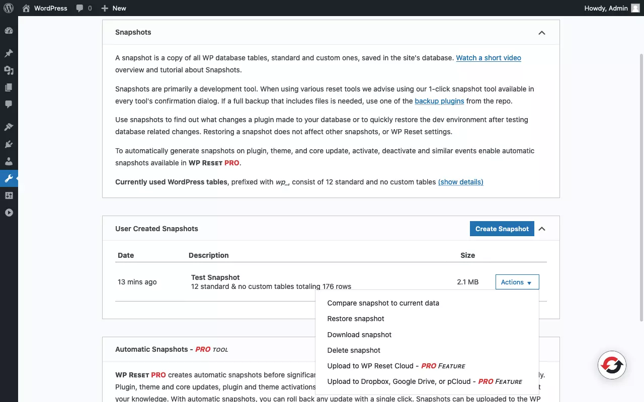 Capture d’écran de la page de capture du plugin « WP Reset » avec des opérations de capture