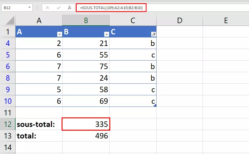 Exemple du calcul de sommes à l’aide de la fonction Excel SOUS.TOTAL