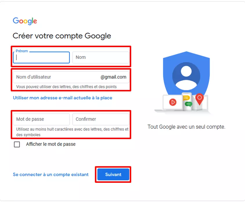 Page d’inscription pour la création d’un compte Google