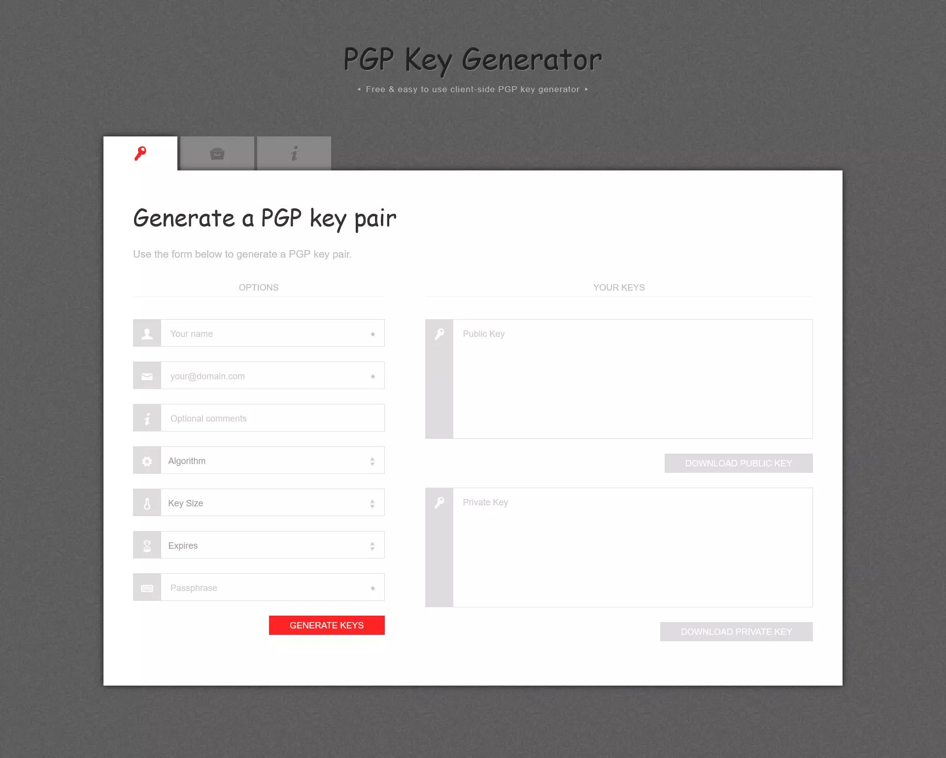 Outil en ligne pour la génération de clés PGP : PGP Key Generator