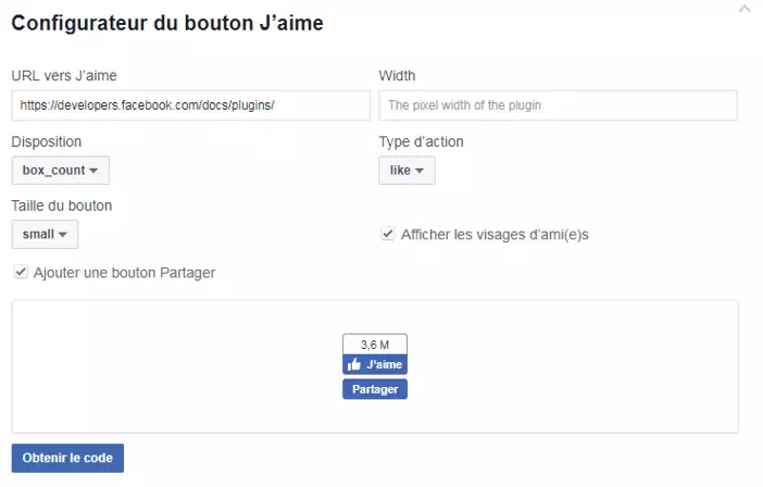 Configurateur de code de Facebook : conception de votre plug-in bouton Like