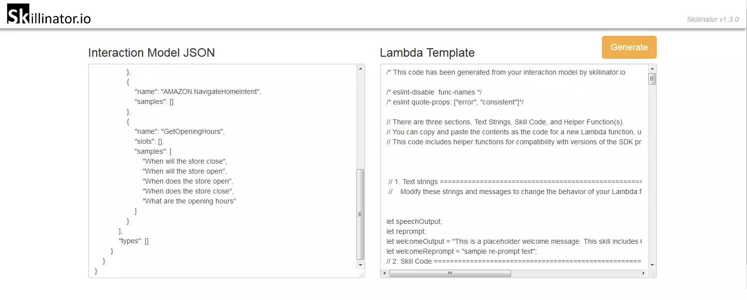 Skillinator.io: création du modèle Lambda sur la base du modèle d’interaction.