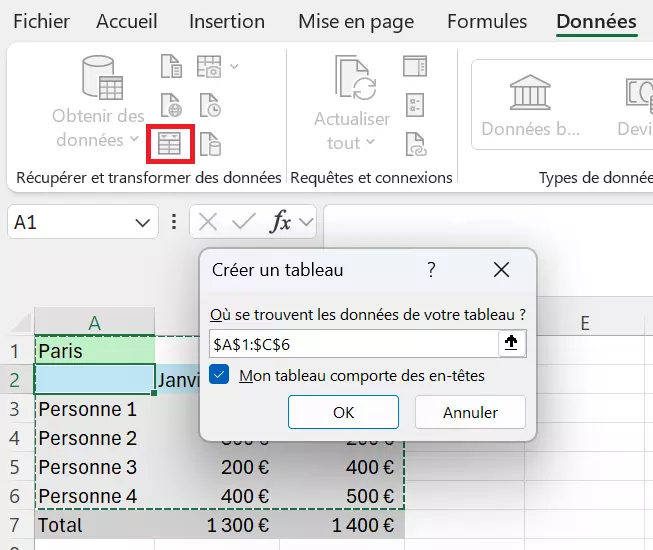 Ouvrir l’éditeur Power Query via « Données » et « À partir du tableau »