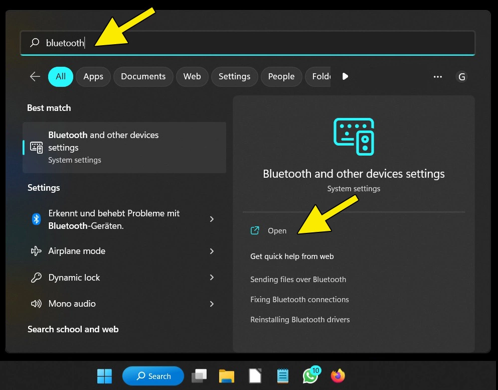 Barre de recherche de Windows 11 : saisir « Bluetooth » et résultat de la recherche « Bluetooth et autres paramètres d’appareils »