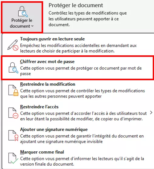 Word : chiffrer avec mot de passe