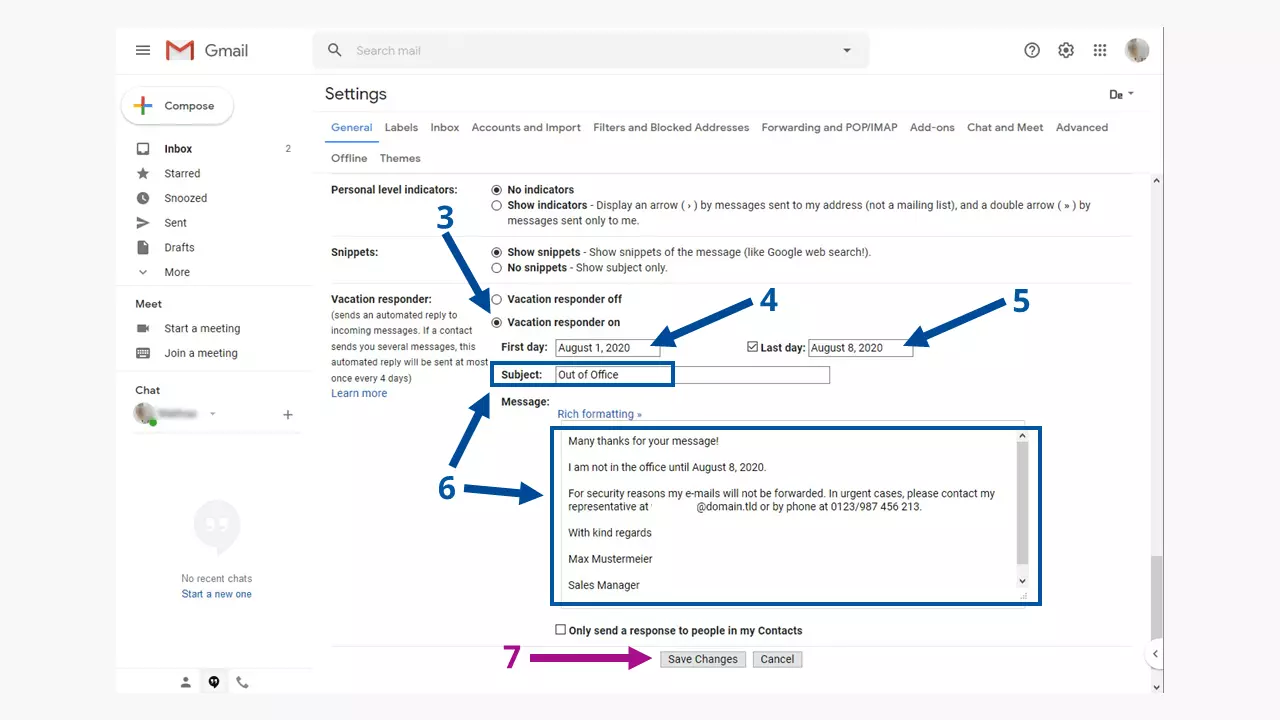 Comment mettre en place un message d’absence sur Gmail : mettre en place les détails du message d’absence.