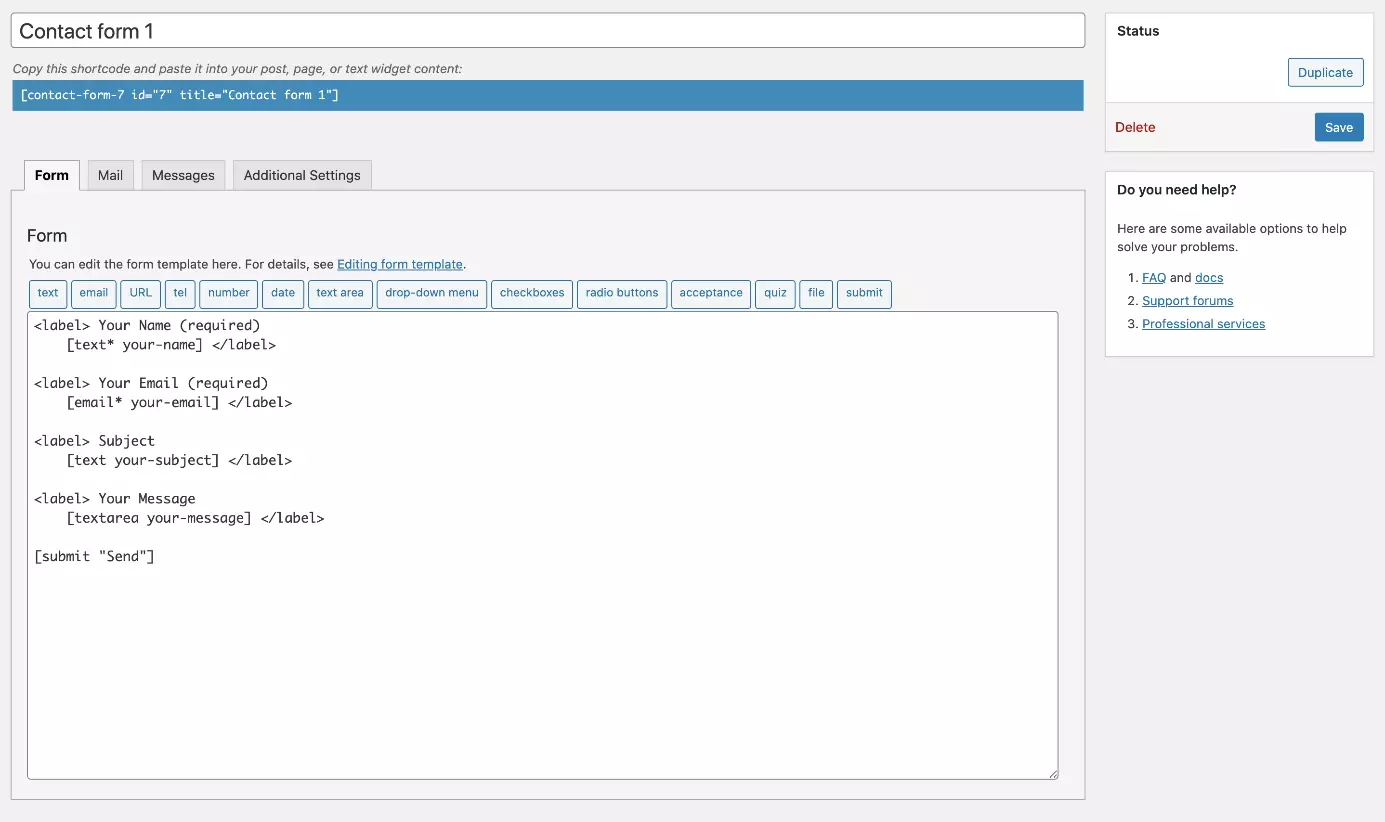 L’interface du plugin Contact Form 7 du formulaire de contact WordPress