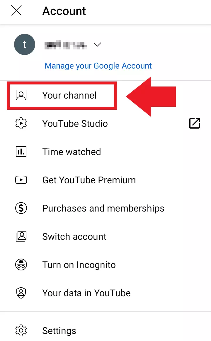 Application YouTube : entrée « Votre chaîne » dans le menu rapide