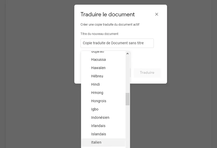 Choix de la langue pour la traduction d’un fichier Google Docs