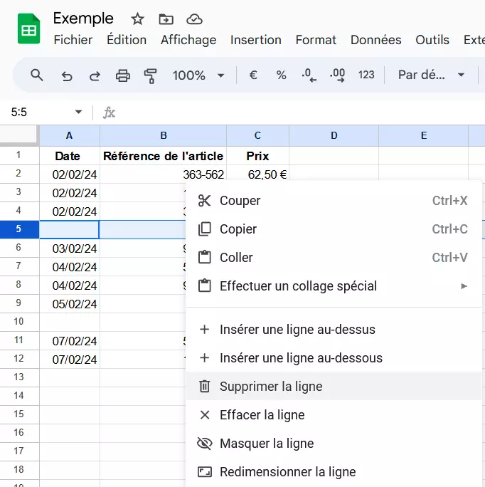 Capture d’écran du menu déroulant pour la suppression d’une ligne dans Google Sheets