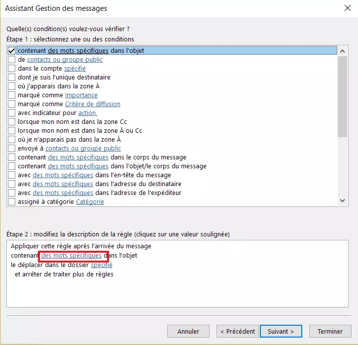 Assistant de règles Outlook : sélection de la condition