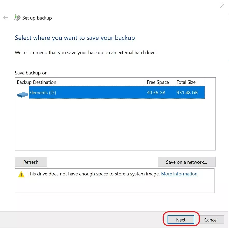 Sélectionnez l’emplacement-cible pour votre backup Windows 10