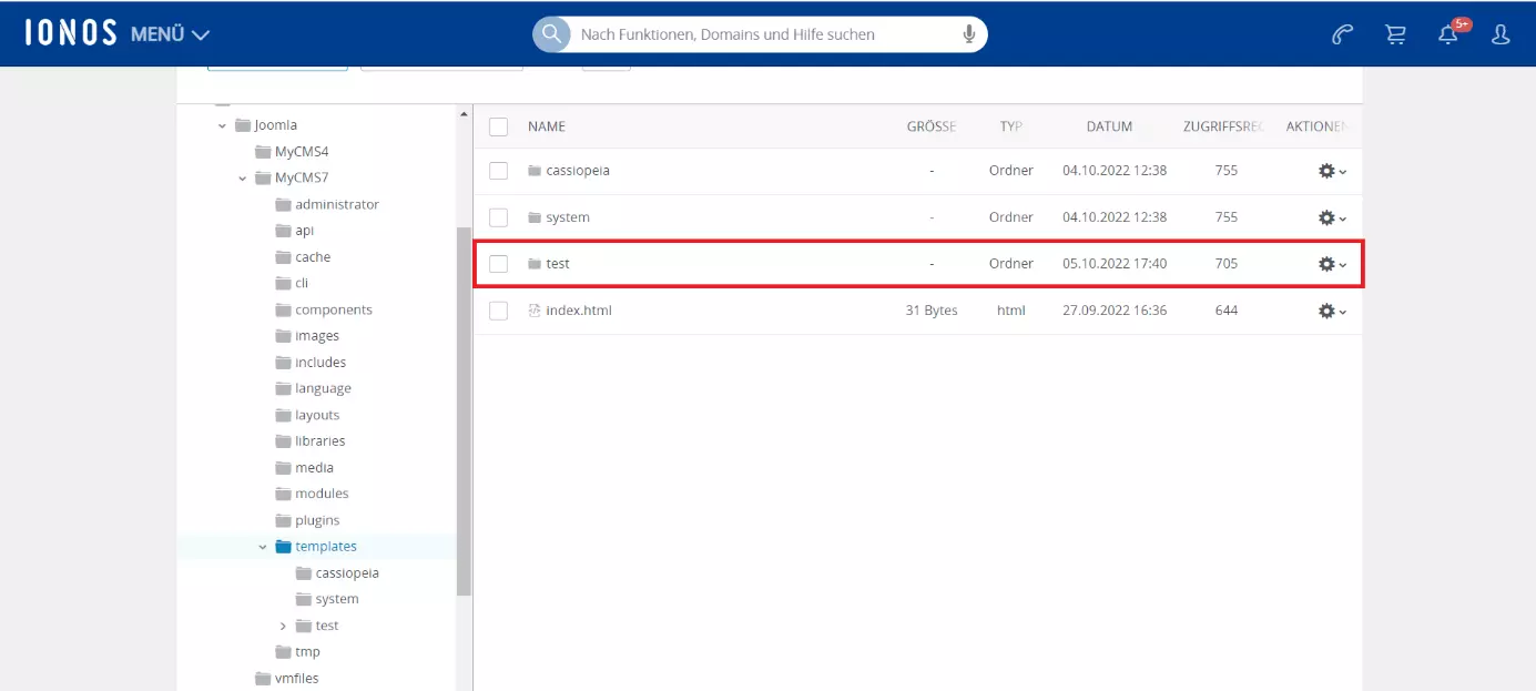 Structure des dossiers Joomla dans votre tableau de bord IONOS