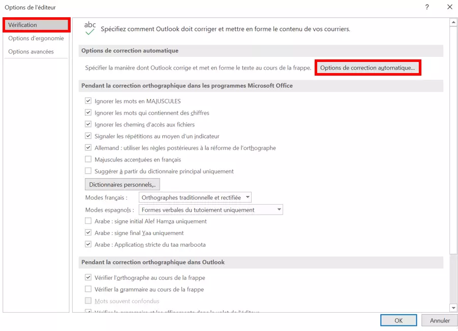 Options de l’éditeur d’Outlook : « Vérification »