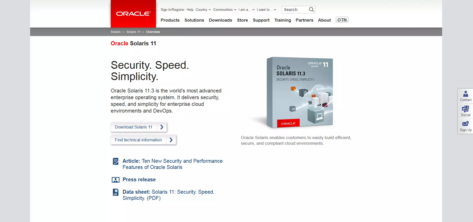 La page produit d’Oracle Solaris 11