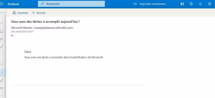 Le mail s’affiche dans son intégralité : vous pouvez maintenant cliquer sur « Imprimer » en haut de l’écran