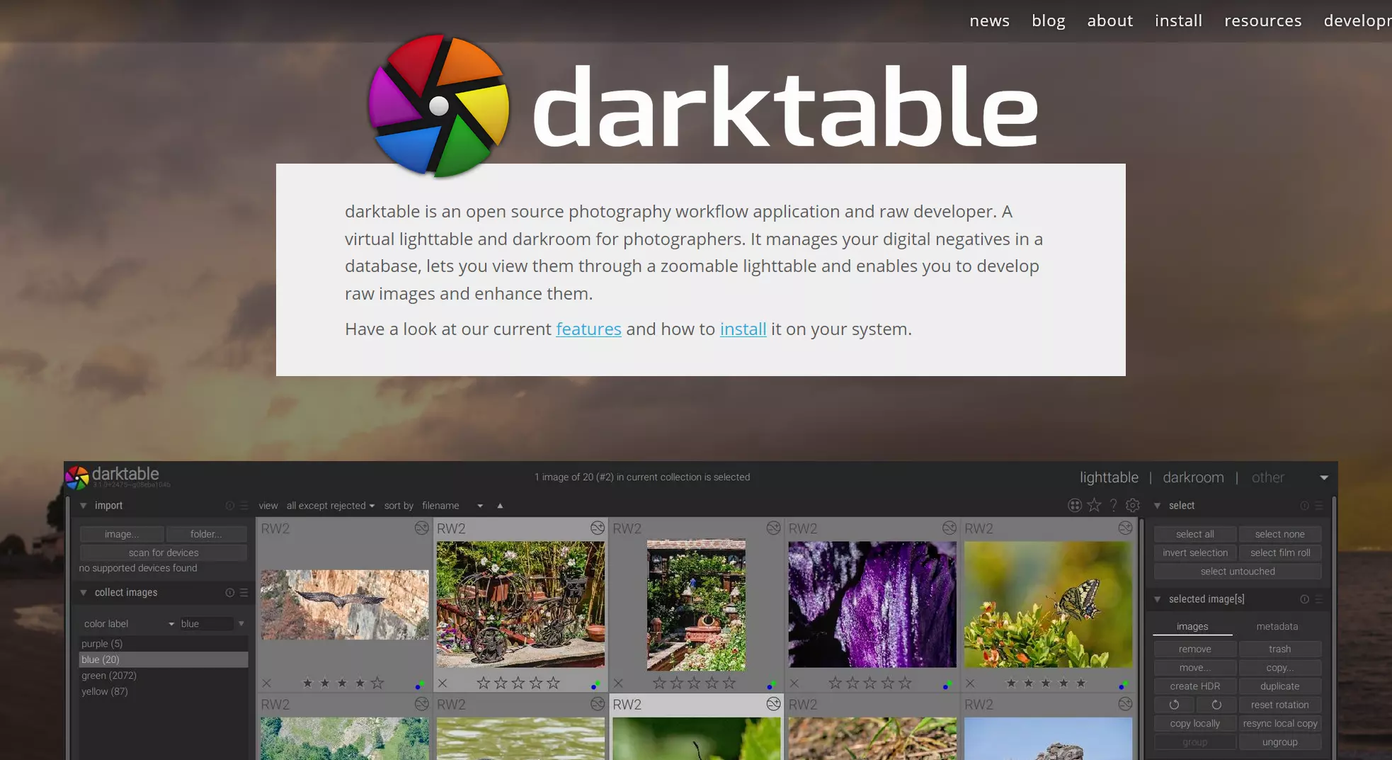 Capture d’écran du site Web de darktable