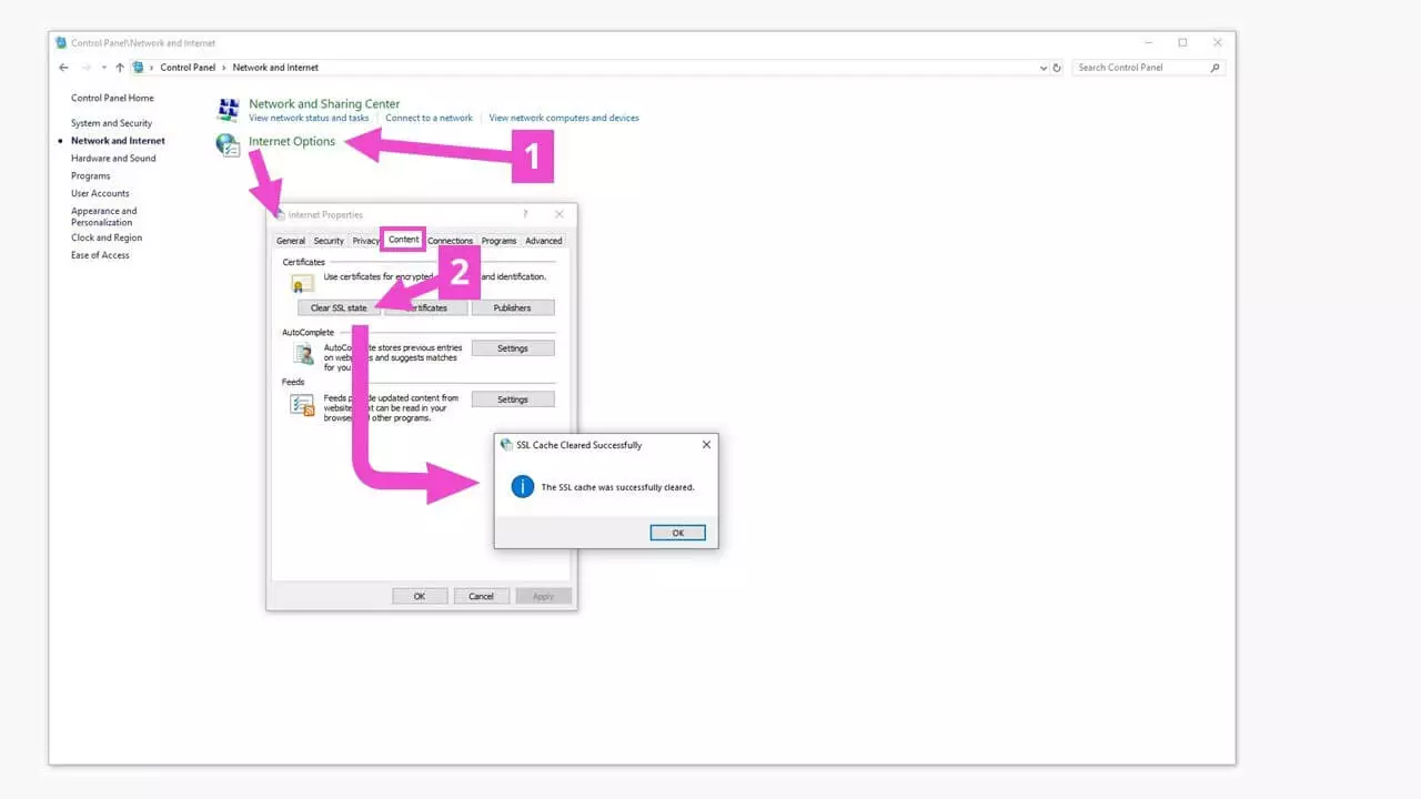 Panneau de configuration Windows : vider le cache SSL