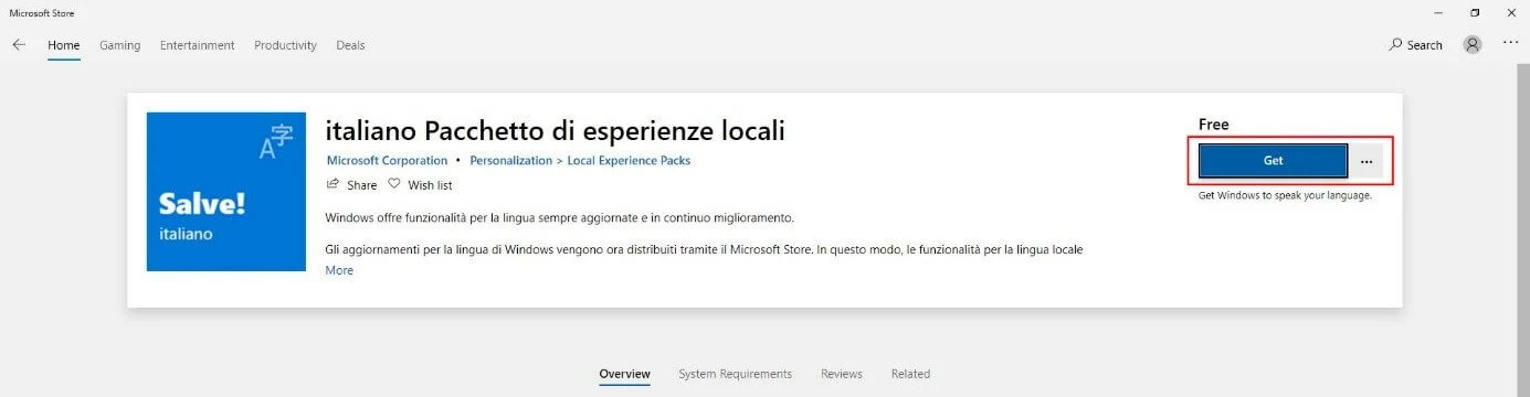 Microsoft Store: Téléchargement du Local Experience Packs « Italien »