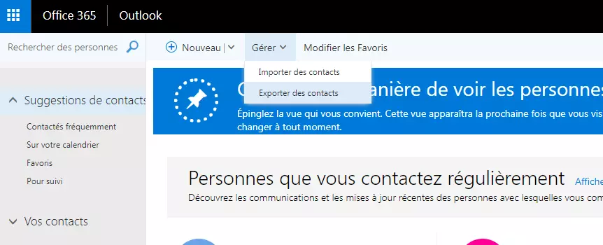 Outlook on the Web : « Gérer » puis « Exporter des contacts »