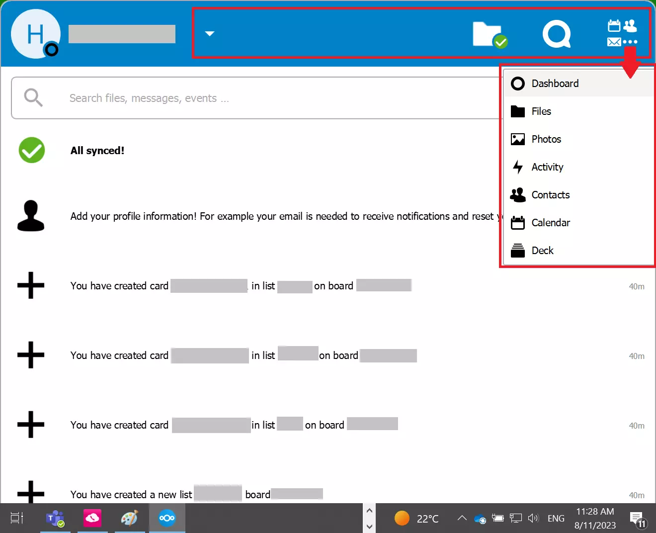 Application du client Nextcloud Desktop avec la barre de navigation