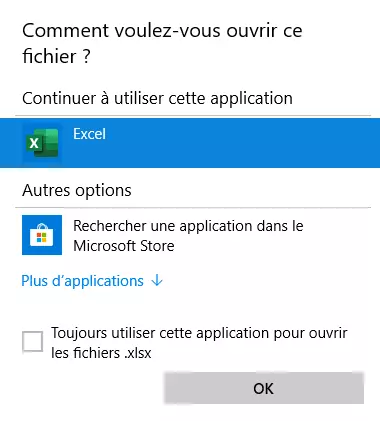 Sélection de l’application pour ouvrir les fichiers Excel