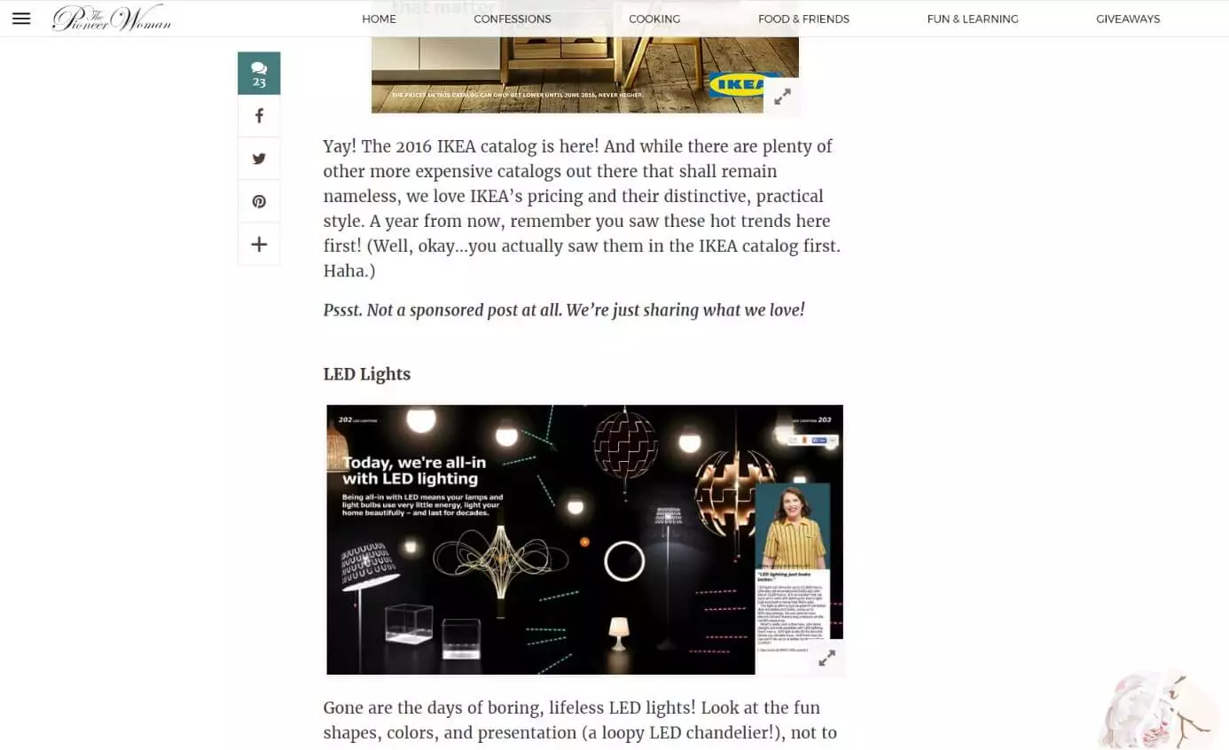 Screenshot d’un article non sponsorisé sur le blog « The Pioneer Woman »