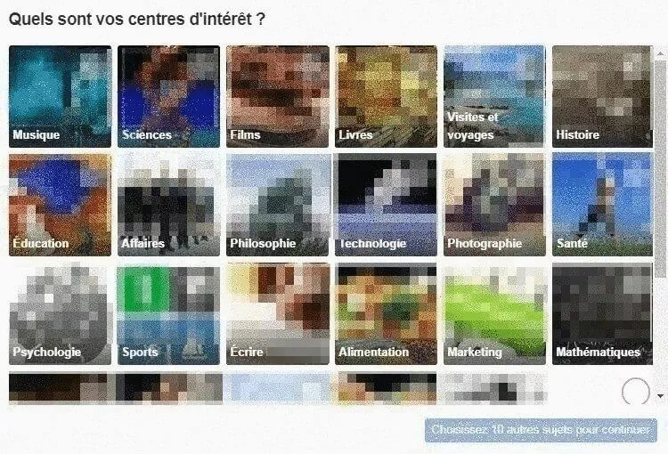 Menu de sélection de Quora pour spécifier vos centres d’intérêt