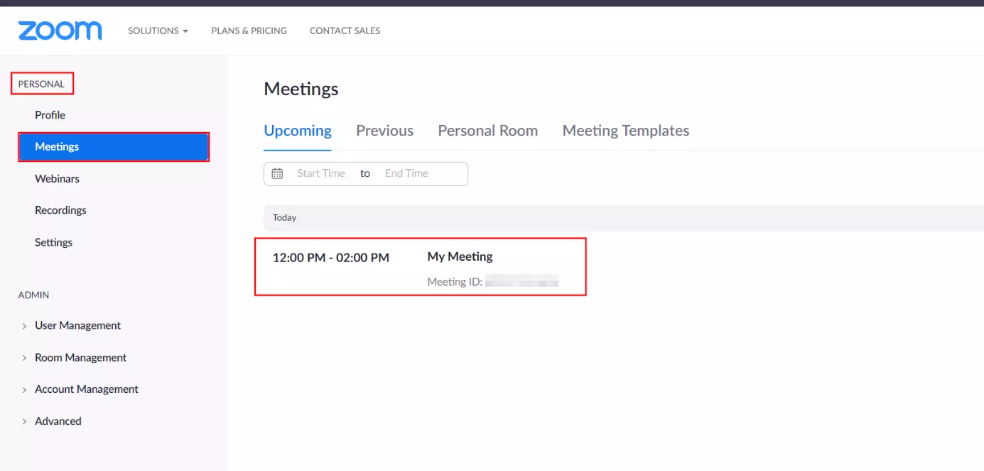 Application Web Zoom : aperçu des meetings Zoom à venir