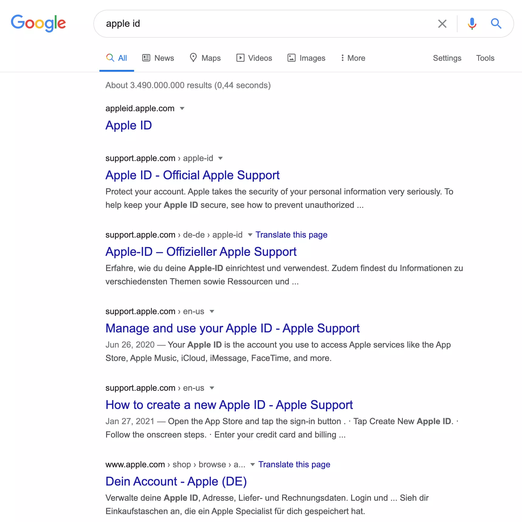 SERP de la recherche « apple id » sur Google