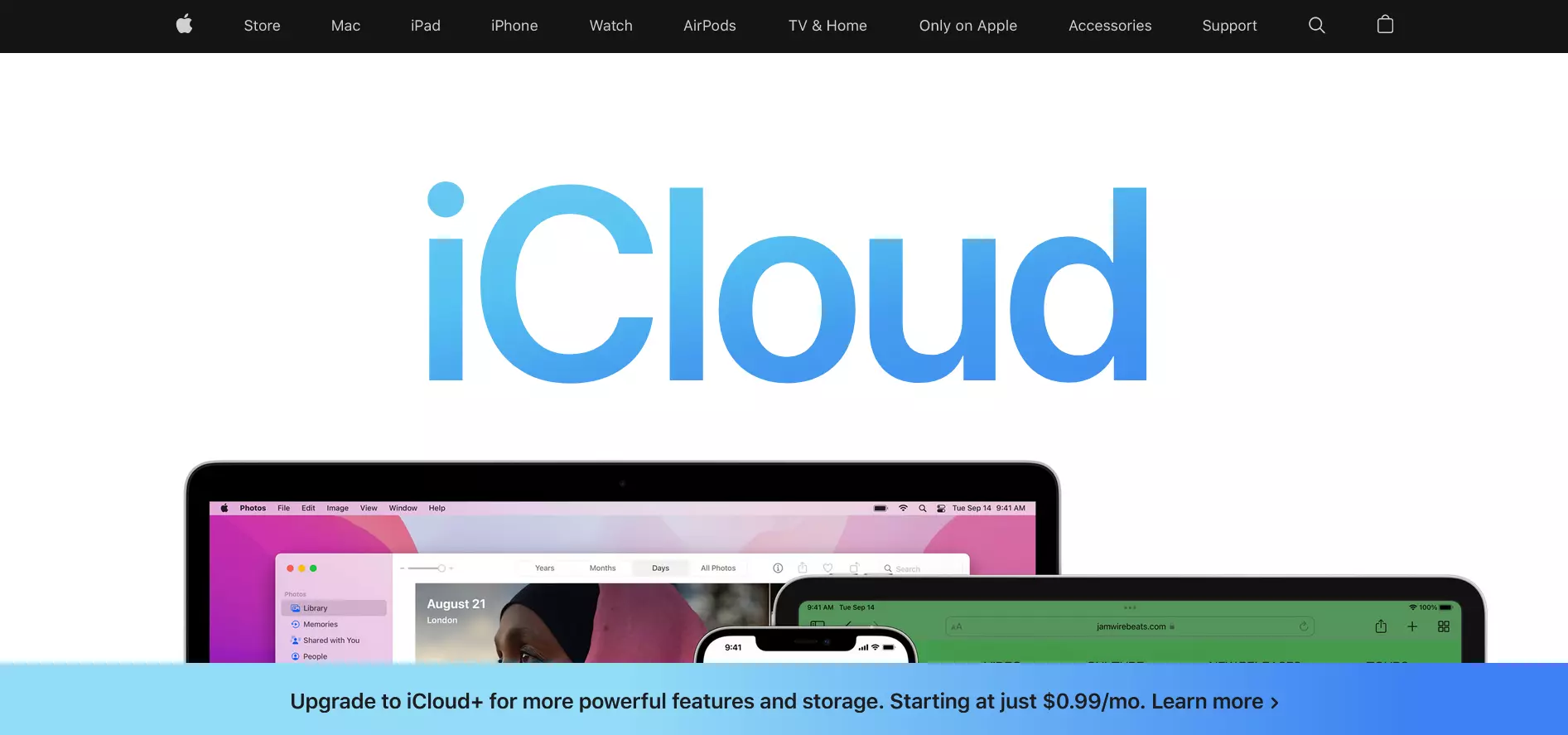 Capture d’écran de la page de présentation de iCloud