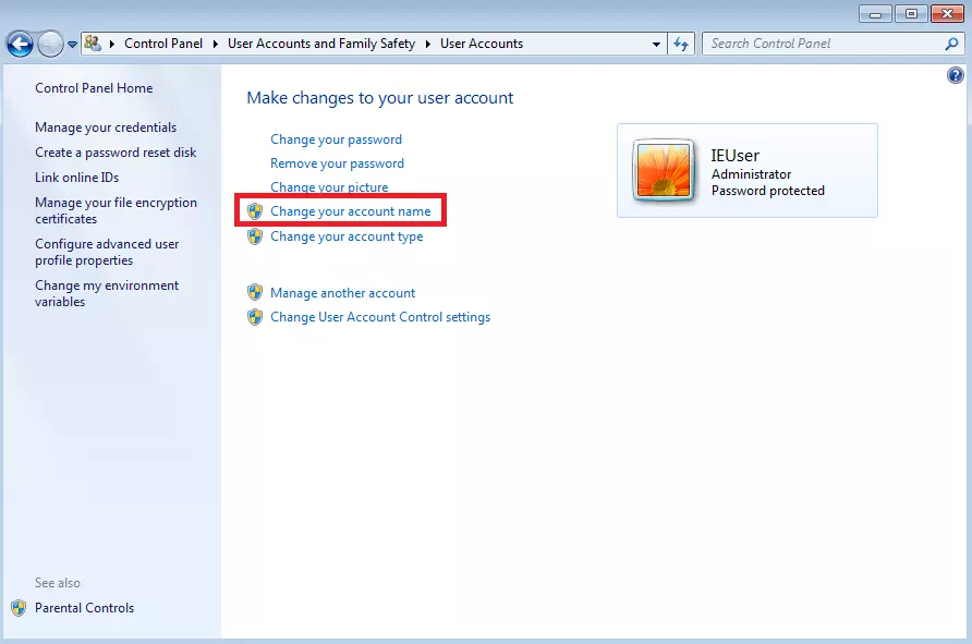 Windows 7 : menu « Comptes d’utilisateurs »