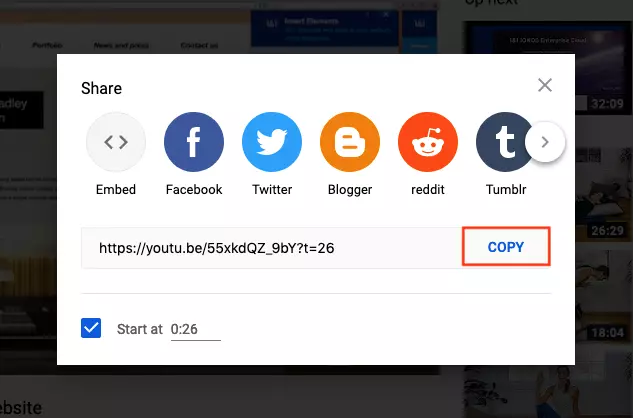 Compléter un lien YouTube avec une indication temporelle dans le menu « Partager »