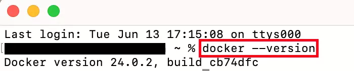 Copie d’écran du terminal Mac après exécution de docker –version