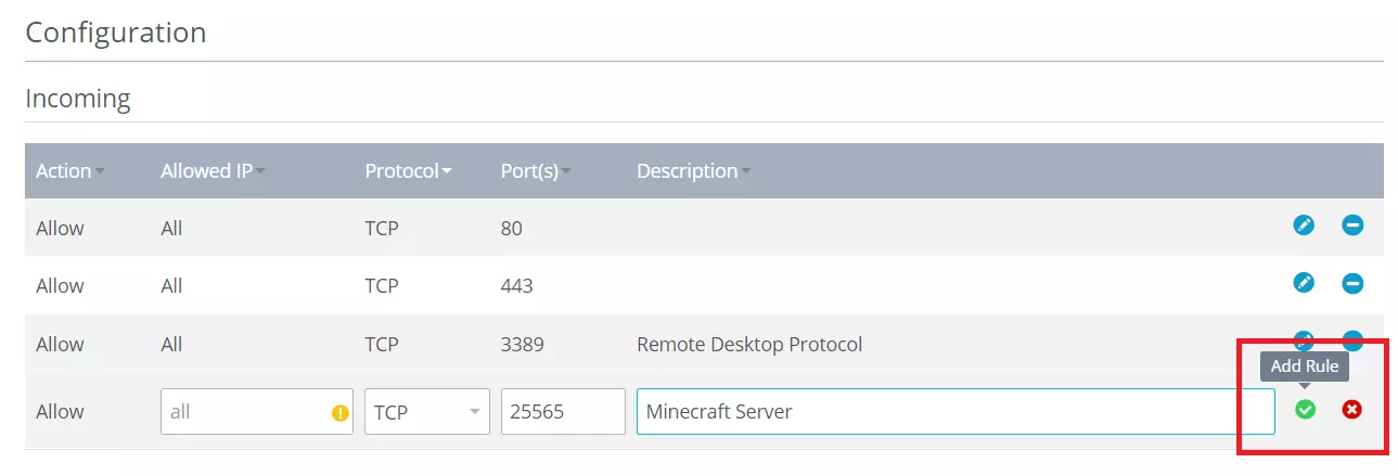 Ajouter une nouvelle règle de port dans le Cloud Panel IONOS