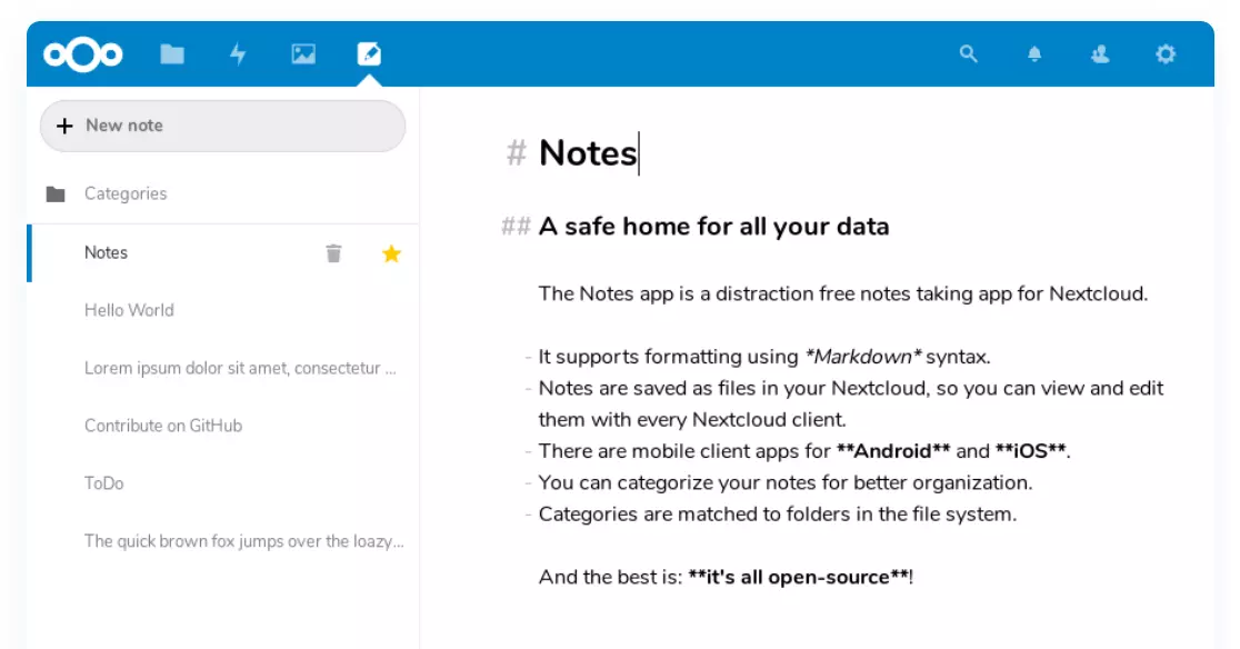 Capture d’écran de Notes dans la base de données des applications Nextcloud