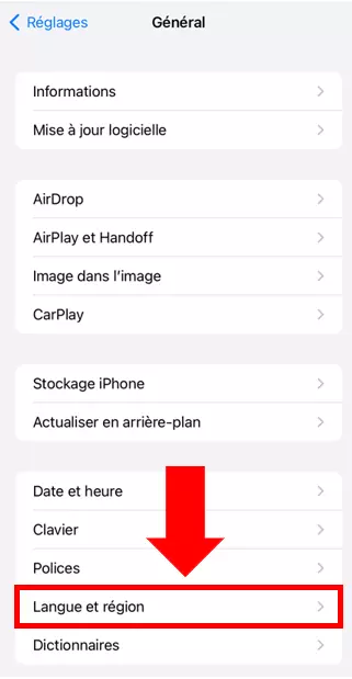 Rubrique « Langue et région » dans les réglages généraux d’iOS