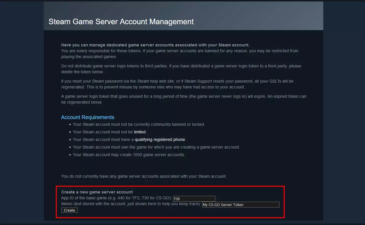 Gestion du compte des serveurs de jeu Steam