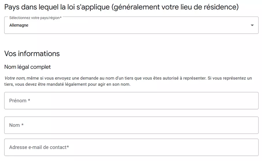 Formulaire de demande de suppression de données personnelles de Google