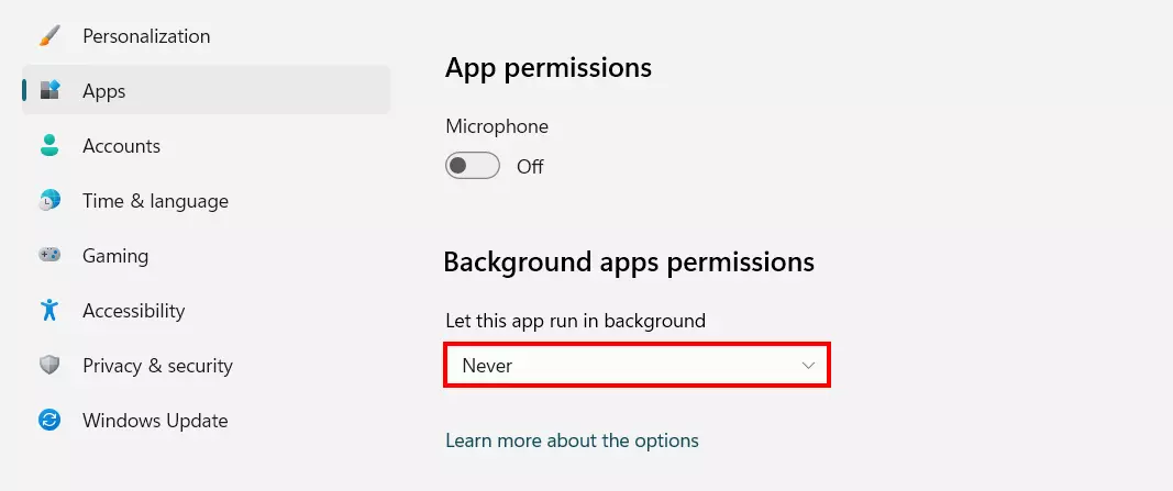 Windows 11: « Paramètres avancés » d’une application avec autorisation en arrière-plan