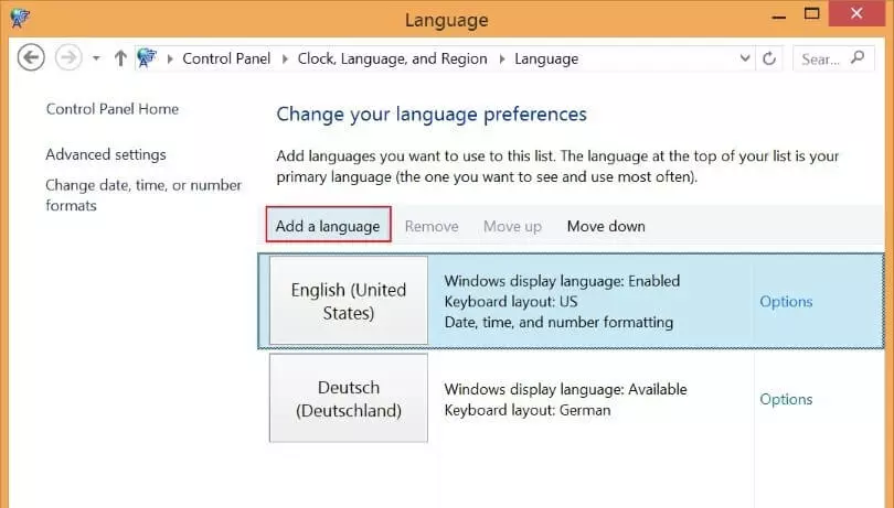 « Ajouter une langue » dans la fenêtre « Modifier vos préférences linguistiques »