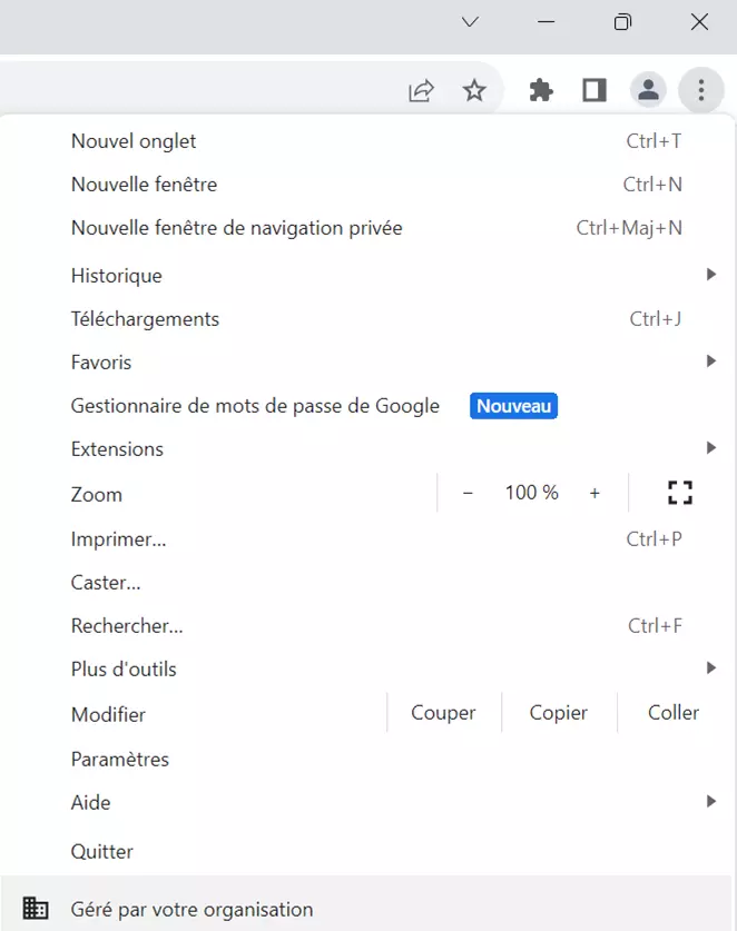 Capture d’écran du menu déroulant du navigateur Chrome