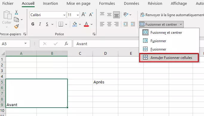 Séparer les cellules avec « Annuler Fusionner cellules »